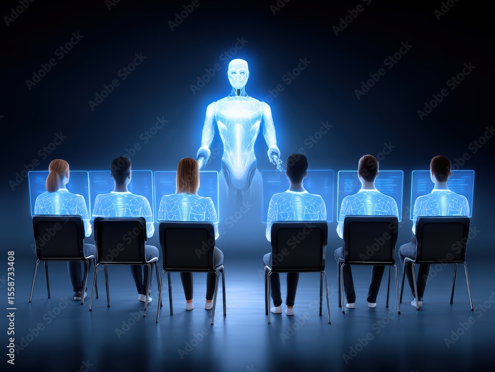Poster futuristic ai training session with virtual robot and diverse participants engaged in learning proce