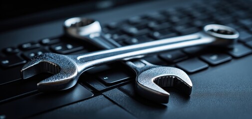 The wrenches resting on a laptop keyboard symbolize technology and repair.