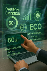 Interactive ESG Dashboard Displaying Carbon Emission Metrics, ECO Performance, and Environmental Governance Insights for Sustainable Business Strategies.