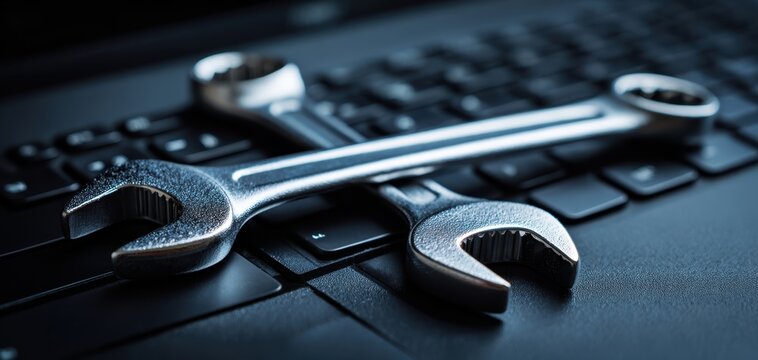 The wrenches resting on a laptop keyboard symbolize technology and repair.