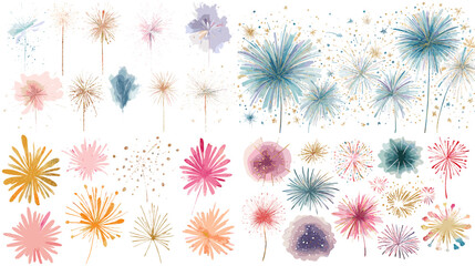 Stunning watercolor illustrations of colorful fireworks in various styles and shapes, ideal for New Year, festive invitations, and celebratory backgrounds.


