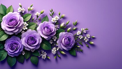 Beautiful arrangement of purple roses and delicate white flowers on a soft lavender background