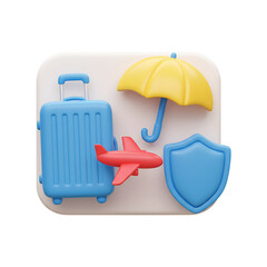 3D Render of Travel Insurance Icons: Suitcase, Umbrella, Airplane, and Shield