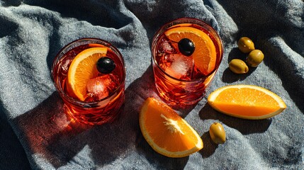 Flat lay of classic Italian aperitivo: Campari spritz, olives, and orange slices on linen napkin