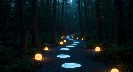Illuminated Pathway Through Forest with Glowing Spheres.