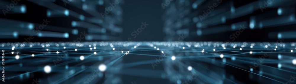 Poster abstract digital landscape with glowing points of light and rays showcasing deep space technology an