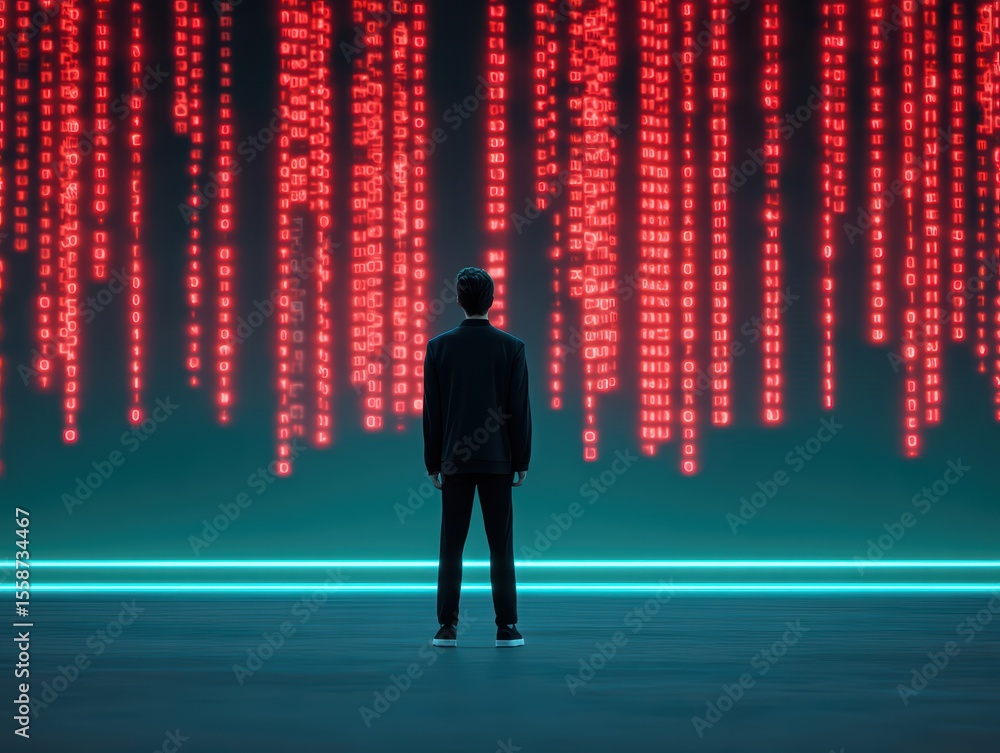 Poster person standing in front of digital code rain with vibrant red colors in a futuristic setting