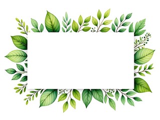 Obraz premium Green watercolor leaves frame a blank white rectangle for text