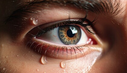 Naklejka premium Close-up of a Tearful Eye A Portrait of Sadness and Emotion
