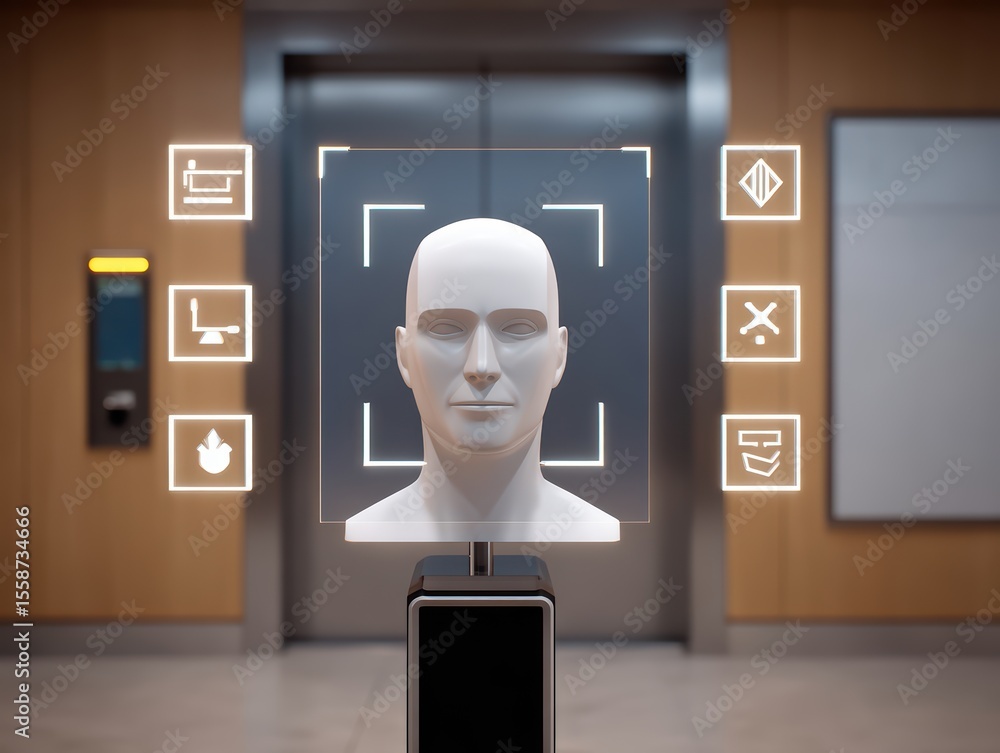 Poster futuristic display with facial recognition technology and digital interface in modern office space