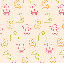 Shopping and Budget Icons Pattern Carts, Wallets, and Currency