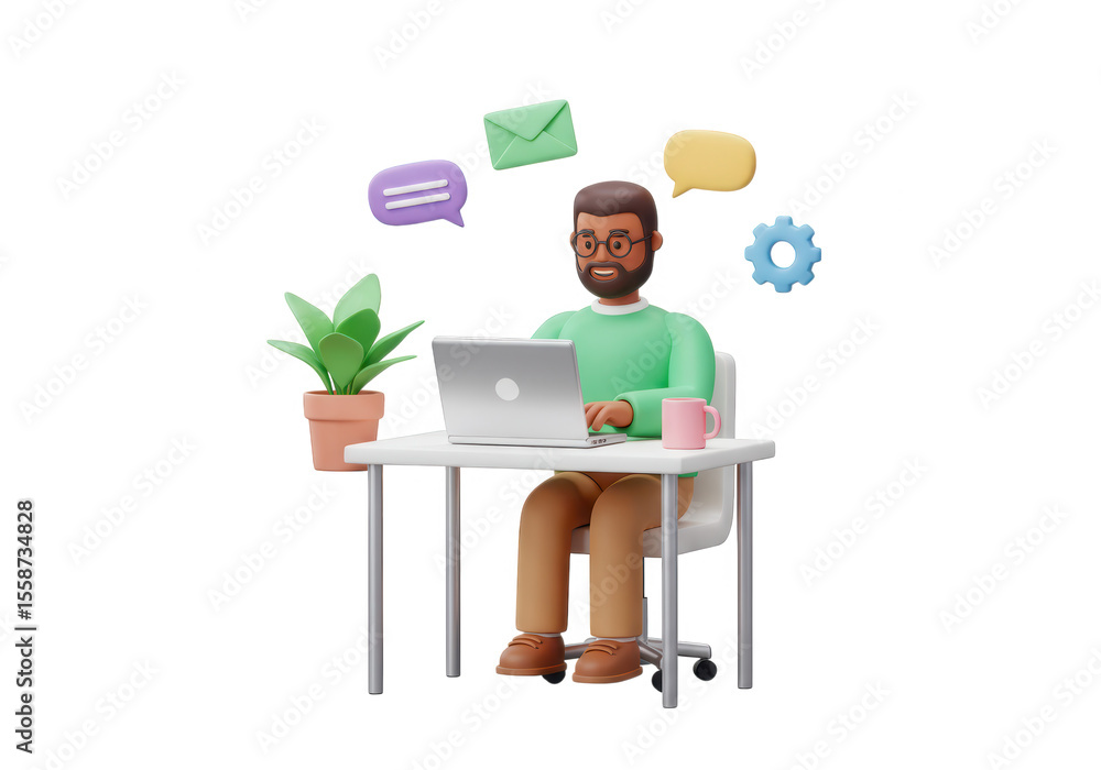 Aufkleber man working on laptop at desk with communication icons isolated on transparent background