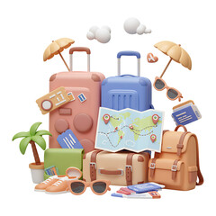 Pastel Colored Suitcases and Travel Accessories on Transparent Background