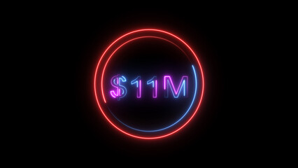 11 Millions Glowing neon line Letter Icon illustration. 11M followers and subscribers on black background 4K illustration.	