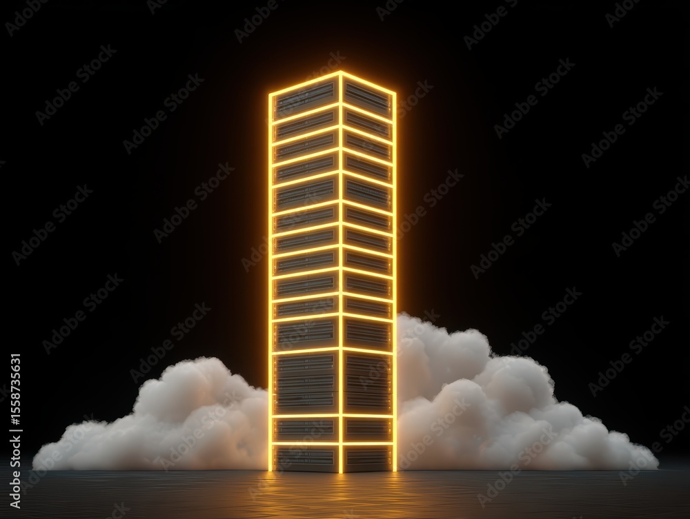 Poster modern illuminated skyscraper emerging from clouds in dark atmosphere with glowing lines and futuris