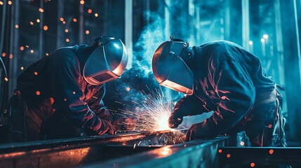 Team of skilled welders constructing skyscraper steel framework with space for branding on right