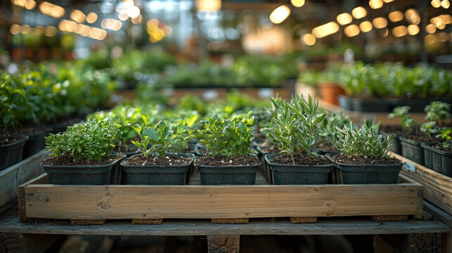cozy retail area showcases wooden rack filled diverse potted seedlings, each labeled for easy choice, inviting customers explore greenery