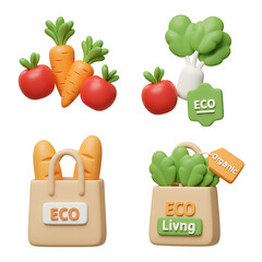 3D Render of Eco Friendly Vegetables and Bread in Bags