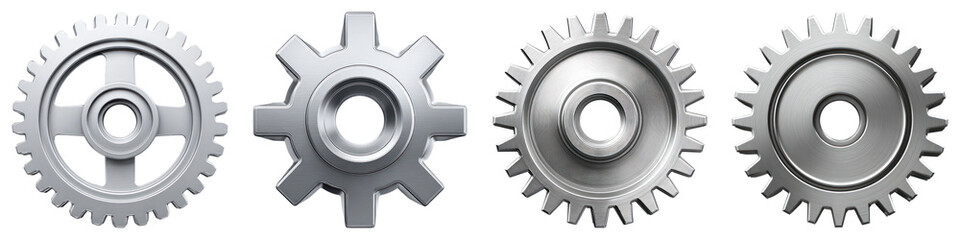 Metallic gear set with different shapes and teeth, shiny mechanical parts conveying industrial strength and precision
