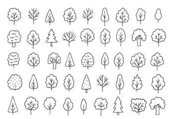 Icons of different trees in doodle style. Hand drawn illustrations with trees. Vector illustration