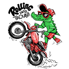 Crocodile riding motorcycle on back wheel cartoon biker in cap and sunglasses for t shirt design