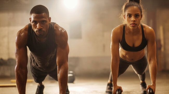 Couple engages in intense kettlebell workout at gym showcasing determination and dedication