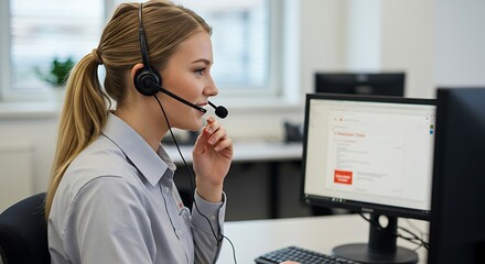 A blonde woman wearing a headset, working at a computer in an office setting.