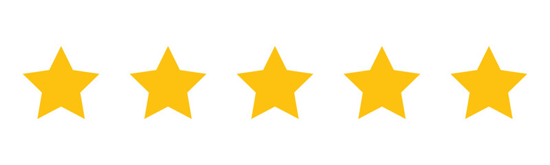 Golden five star rating vector icons set for review feedback, quality evaluation score, achievement badge, success symbol, graphic design element, digital shield, quality mark