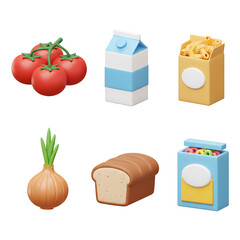 3D Rendered Food Ingredients: Tomatoes, Milk, Pasta, Onion, Bread, Cereal