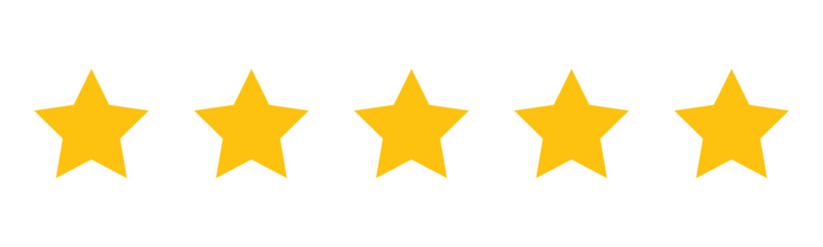 Golden five star rating vector icons set for review feedback, quality evaluation score, achievement badge, success symbol, graphic design element, digital shield, quality mark