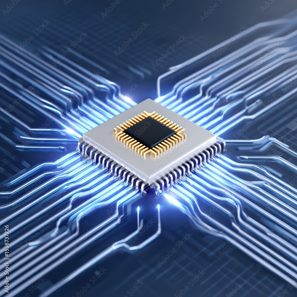 Poster high-tech microchip on circuit board with glowing connections and modern design elements in blue and