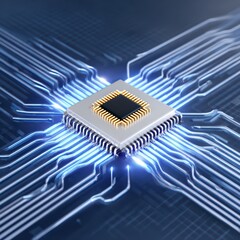 High-Tech Microchip on Circuit Board with Glowing Connections and Modern Design Elements in Blue and Silver Colors