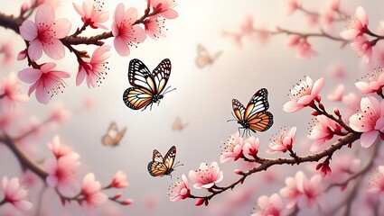 Monarch butterflies flutter among delicate pink cherry blossoms in spring