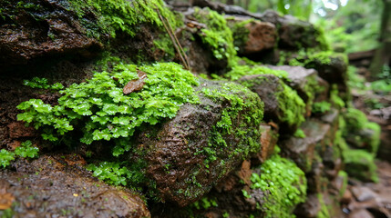 Lush Green Moss on Rocks, Nature Texture