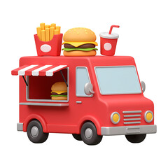 Red Food Truck with Burger Fries and Soda 3D Render