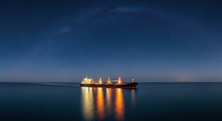 A cargo ship sails across a calm sea under a starry night sky