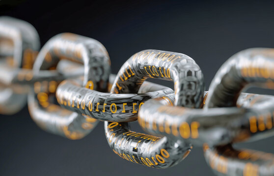 Close-up view of a cyber chain featuring binary code in a digital and modern style