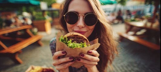 The woman enjoying a delicious burger in a vibrant outdoor setting.