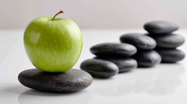 Green apple balanced on black stones creates a harmonious composition - Powered by Adobe