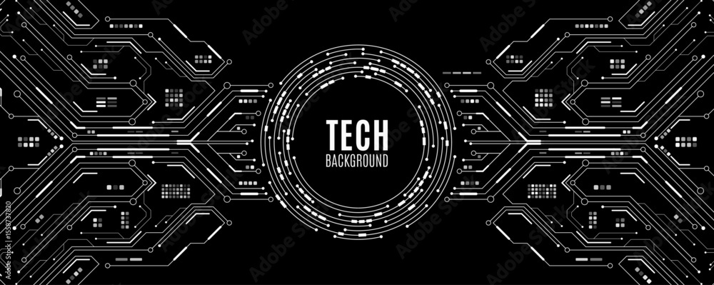 Poster minimalistic technology background. white circuit lines and electronics elements on black backdrop. 