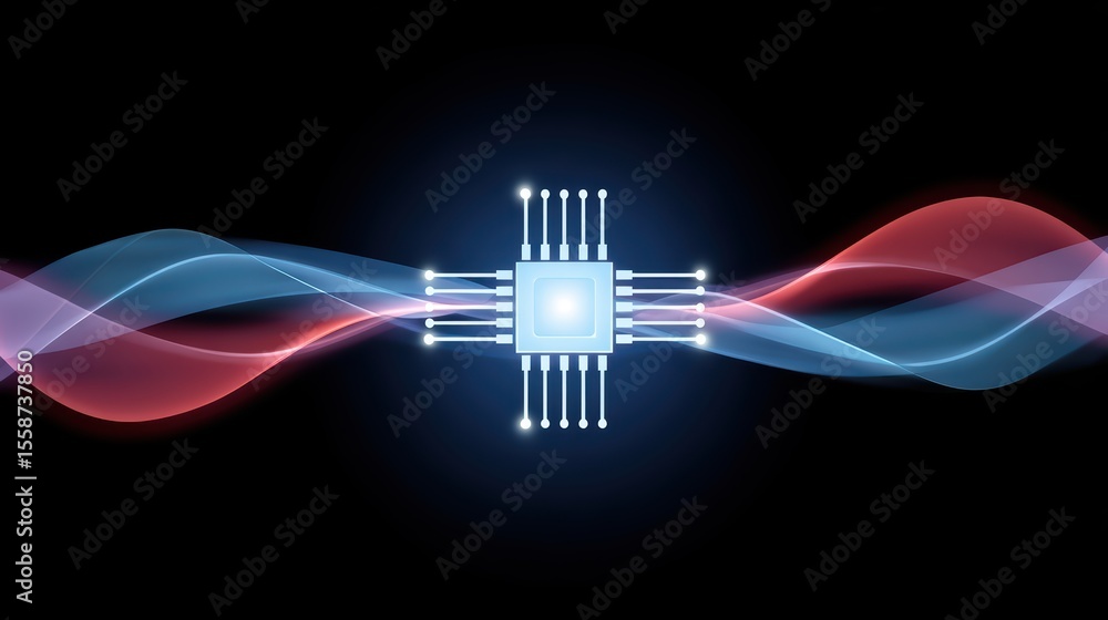 Poster abstract illustration of a microchip surrounded by flowing colorful waves on a dark background repre