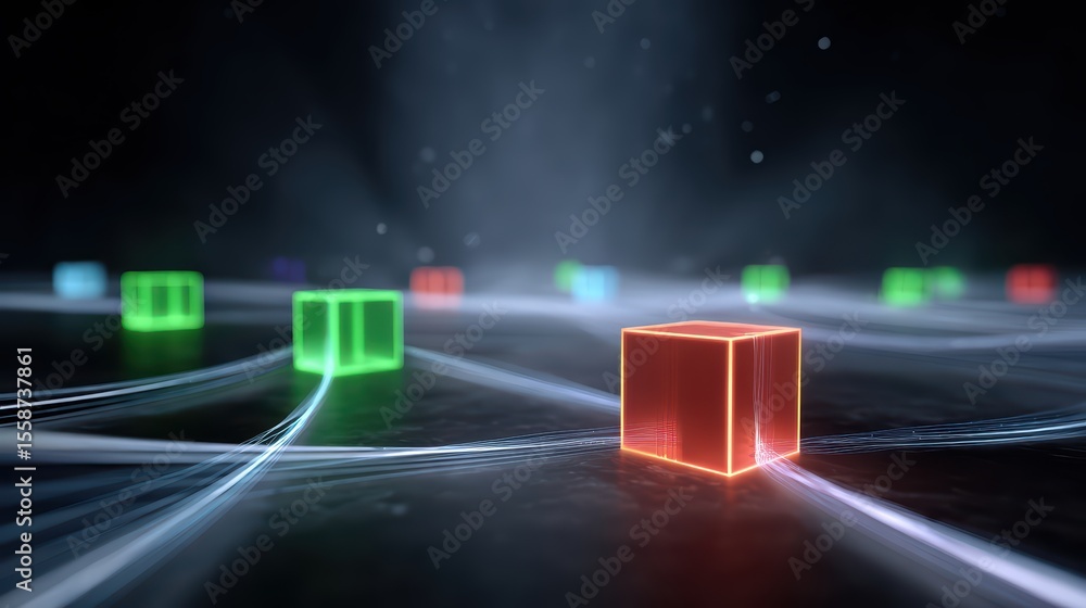 Poster abstract glowing cubes with colorful light effects and dynamic geometric patterns in a modern digita