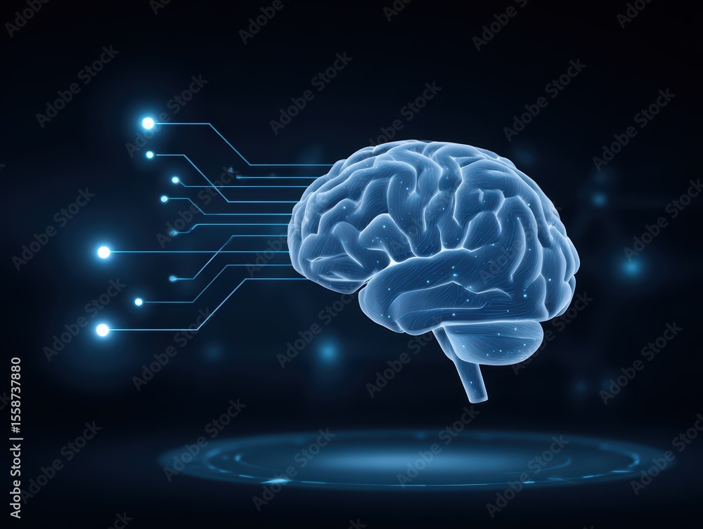 Poster futuristic digital brain with circuit connections in a dark high-tech background for innovation and 