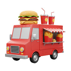 Red Food Truck with Burger Fries and Soda 3D Rendering