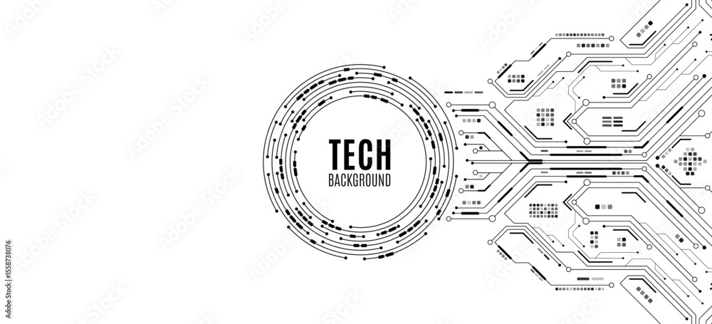 Poster minimalistic technology background featuring black circuit lines and electronics elements on white b