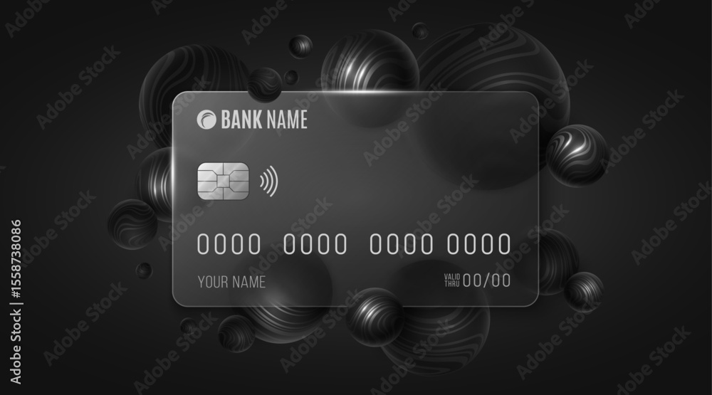 Poster modern bank card design with glass morphism effect and flying 3d spheres textured with shiny striped