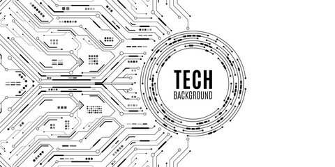 Minimalistic hi-tech background featuring circuit lines and electronics elements on white backdrop. Digital circuit panel with electronic system for UI and GUI interface design. Vector illustration.