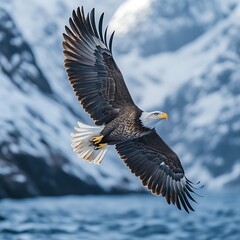 Majestic eagle soaring above snowy peaks