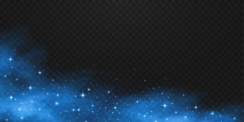 Magical blue mist with sparkling dust and brilliance stars on transparent background. Galaxy stardust light effect with soft fog. Festive glitter lights for holiday or fantasy design. Vector.