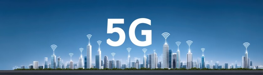 Fototapeta premium Urban Skyline with 5G Technology and Communication Signals Illustrated for Digital Connectivity Concept